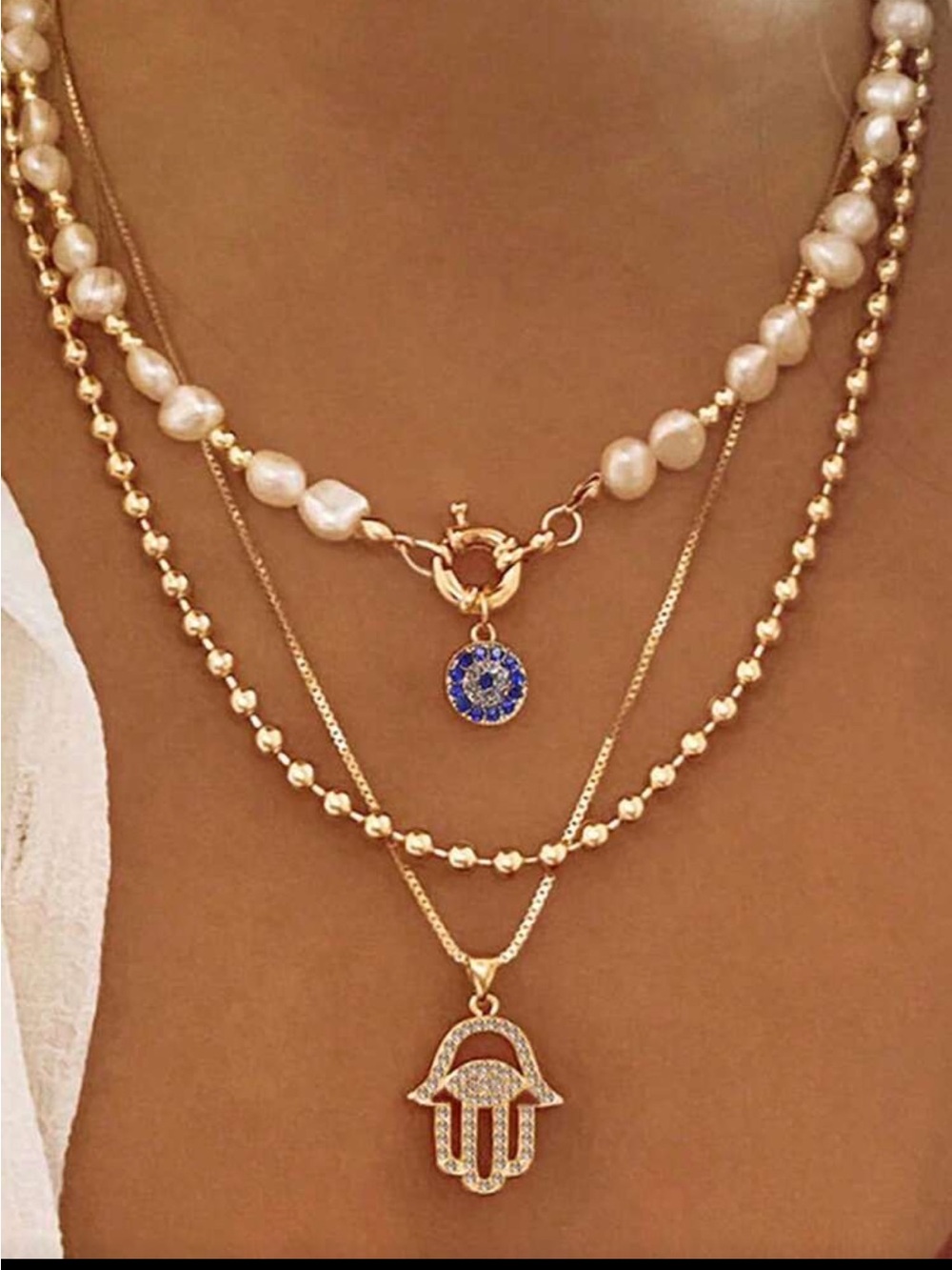 Gold Multilayer Hamsa & Pearl Necklace with Blue Charm